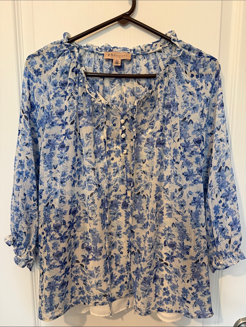 Philosophy Light Blue Floral Tie-Neck Blouse